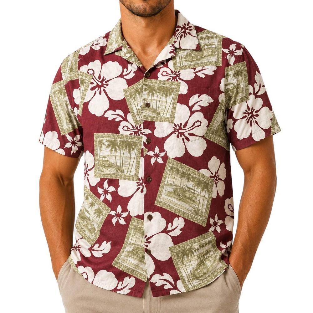 Go Barefoot Mens Hawaiian Shirt Large Red Hibiscus Woodie Wagon Cotton USA Made